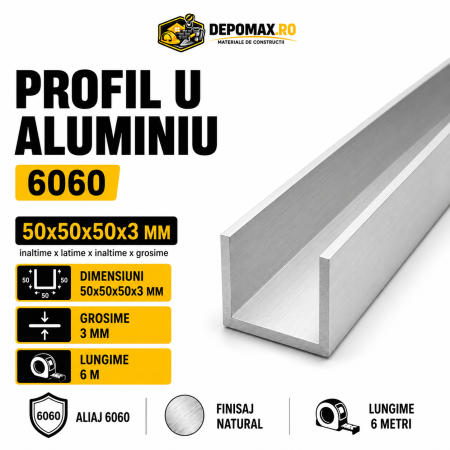 Profil U aluminiu 50 x 50 x 50 x 3 mm, 6 metri